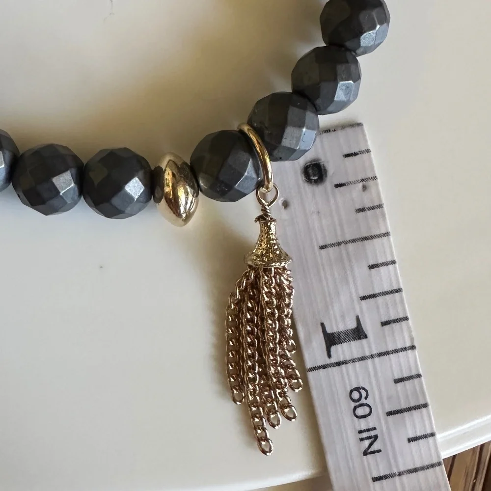 Classic Hematite 8mm Stretch Bracelet Gray Gold Bronze Tassel Charm